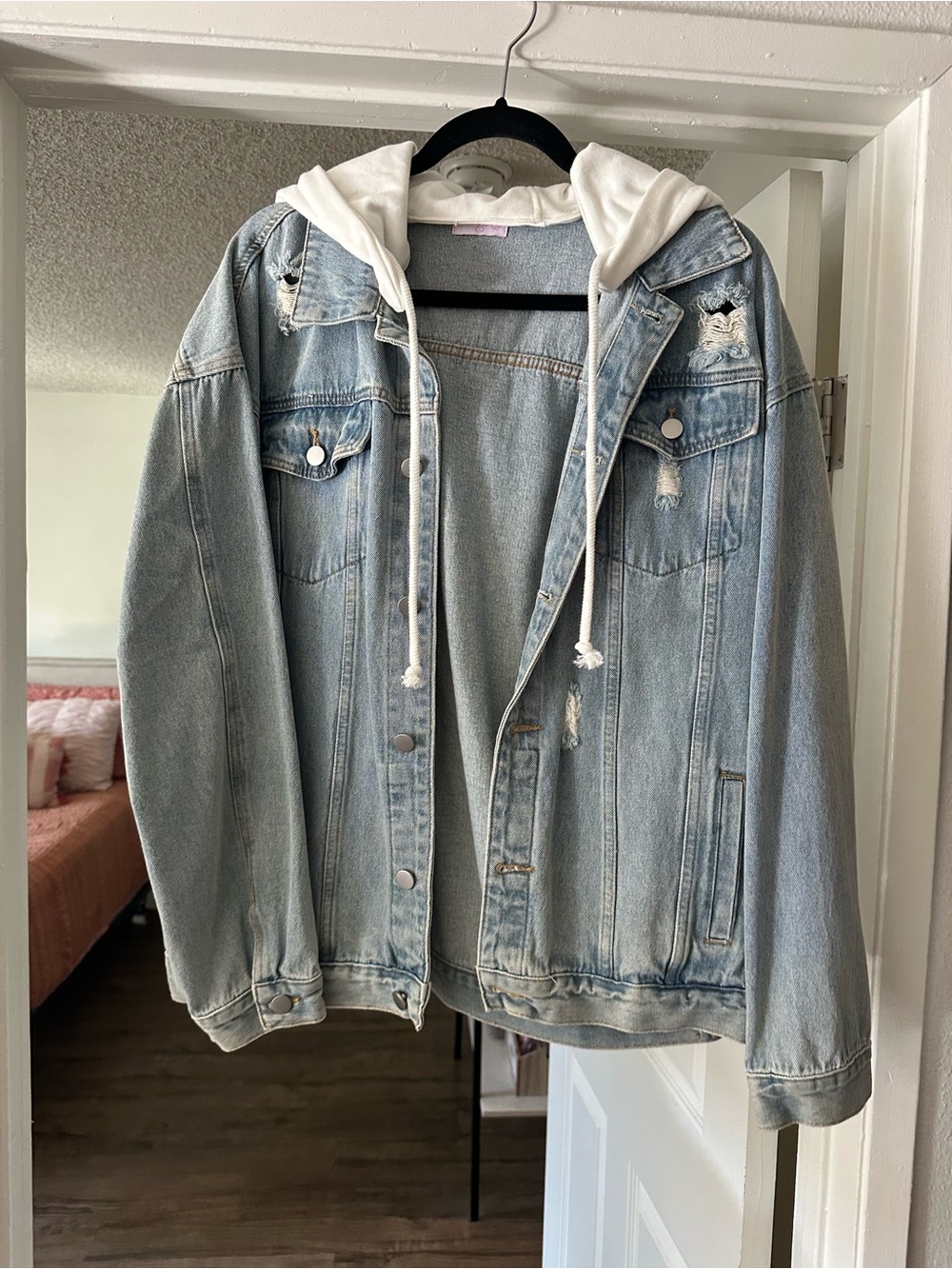 Pink Lily Light Blue Denim Jacket with Removable White Hood